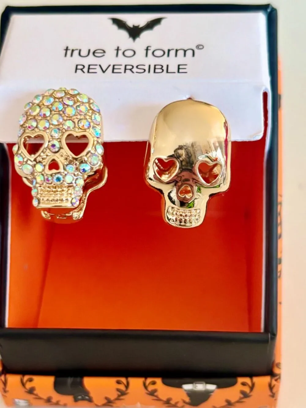 True to Form Reversible Skull Hinged Huggie Earrings Gold Tone Pave Rhinestones